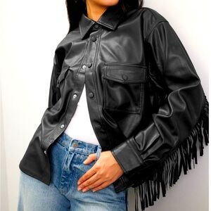 House of Sunny Black Fringe Leather Jacket